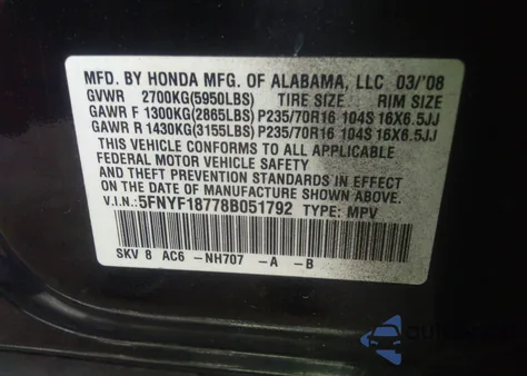 2008 Honda Pilot Ex-L из США, поврежденный, VIN 5FNYF18778B051792